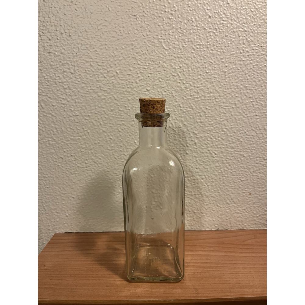 Small Clear Glass Bottle Oil Dispenser 8” Tall Cork Stopper Olive Oil/Vinegar
